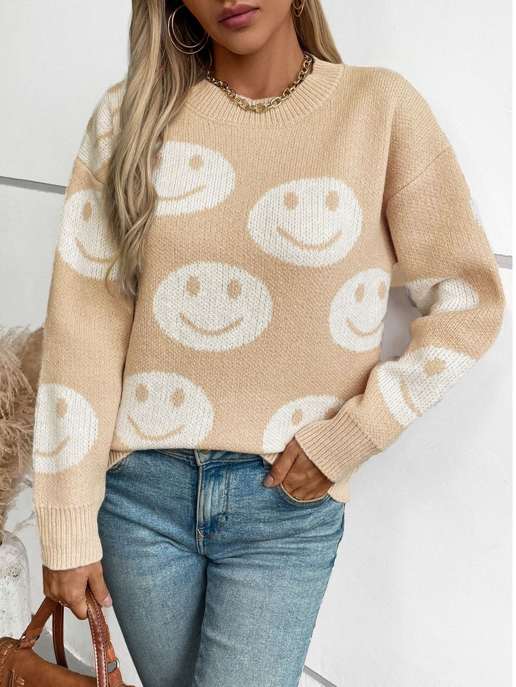 Smile Pattern Round Neck Long Sleeve Sweater - Siennasass