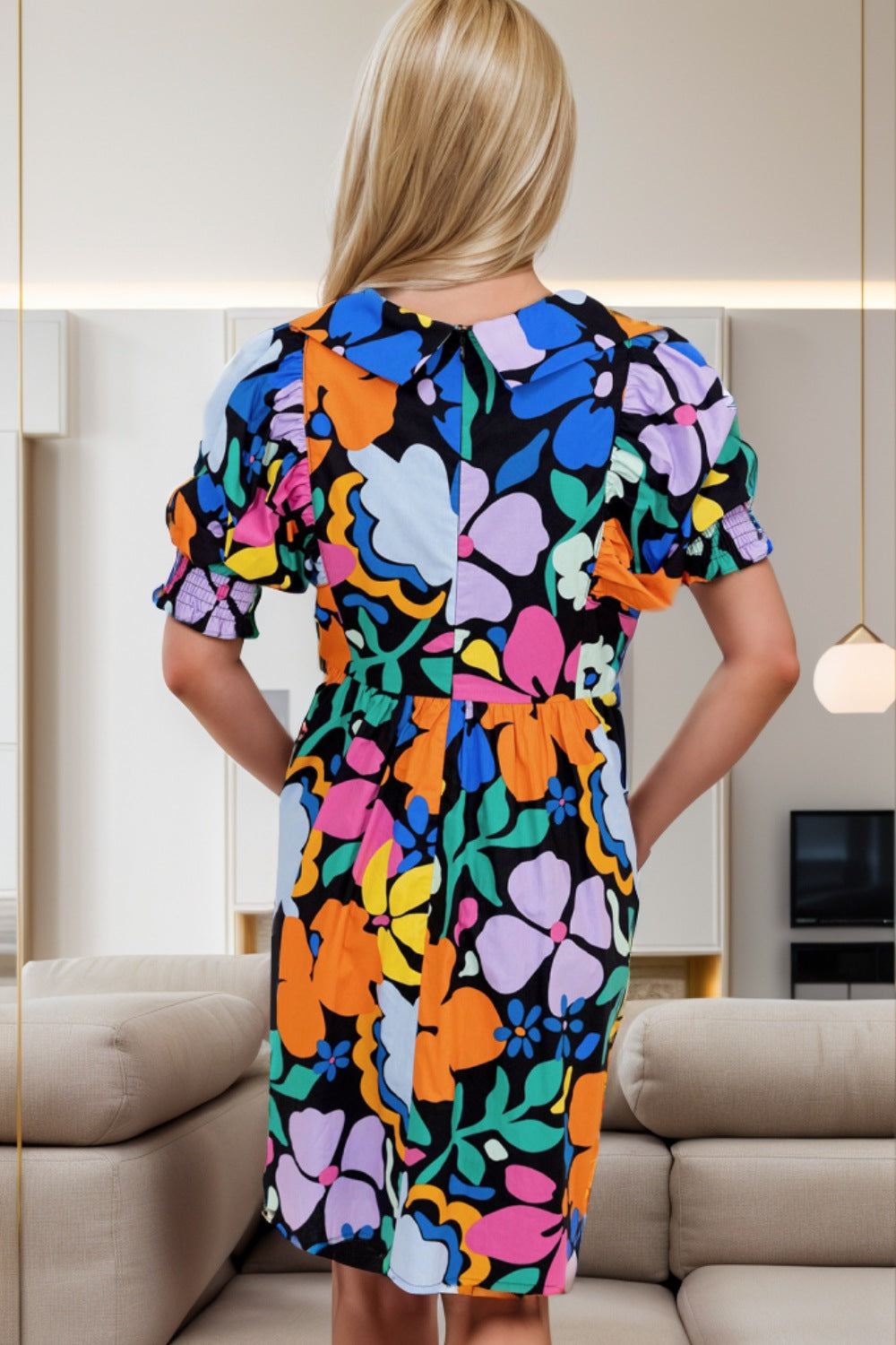 Printed Johnny Collar Half Sleeve Mini Dress - Siennasass