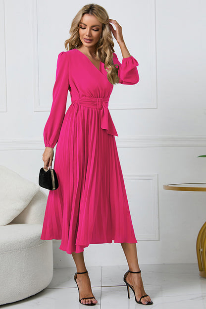 V-Neck Long Sleeve Tie Waist Midi Dress - Siennasass