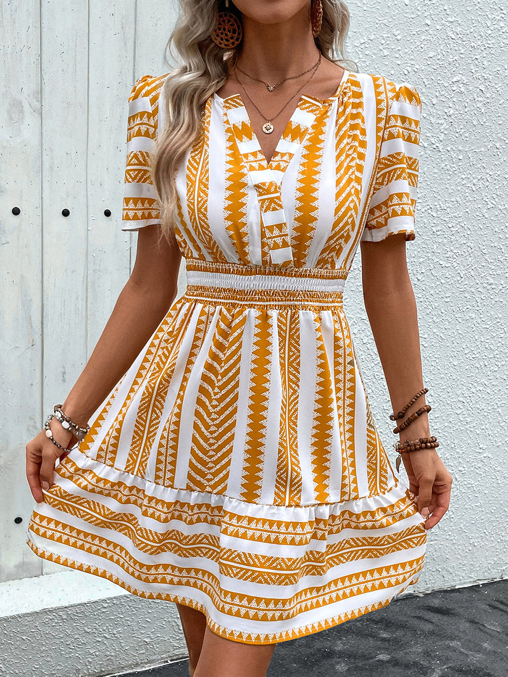 Geometric Notched Short Sleeve Mini Dress - Siennasass