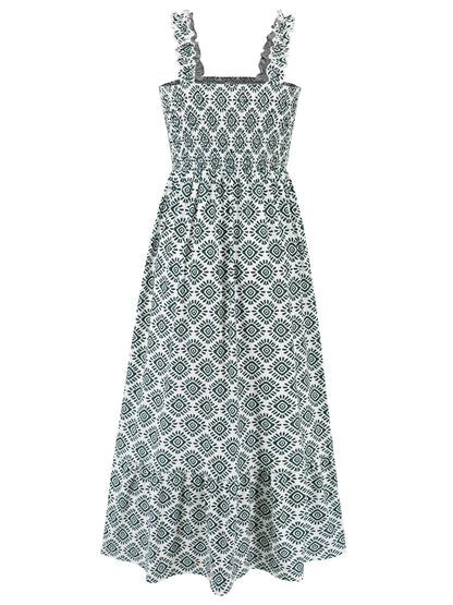 Smocked Printed Square Neck Sleeveless Dress - Siennasass