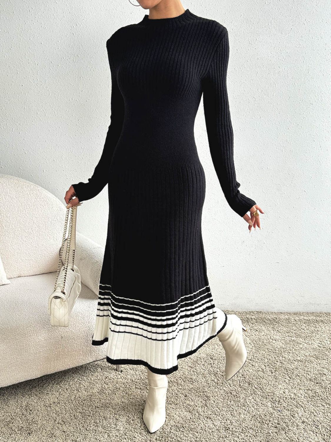 Contrast Mock Neck Long Sleeve Sweater Dress - Siennasass