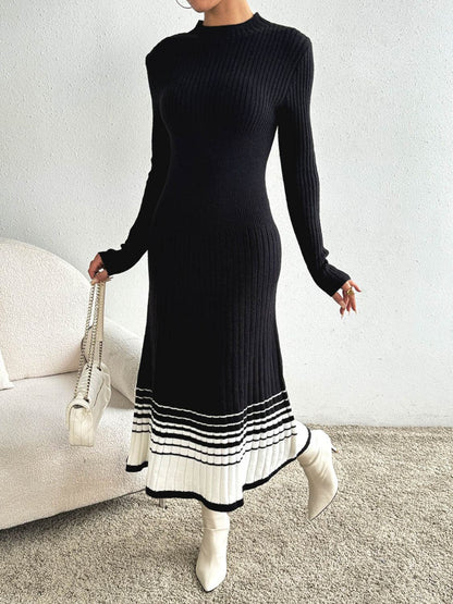 Contrast Mock Neck Long Sleeve Sweater Dress - Siennasass