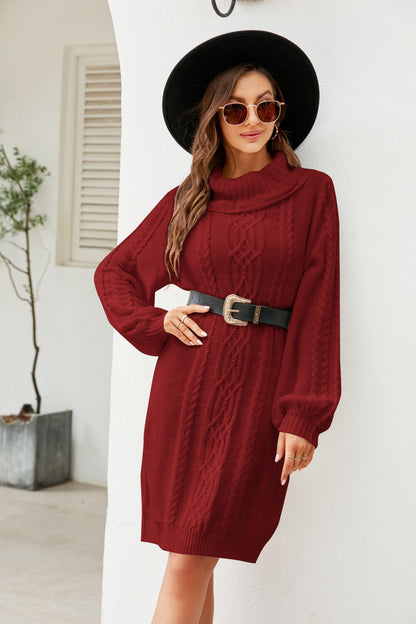 Woven Right Mixed Knit Turtleneck Lantern Sleeve Sweater Dress - Siennasass