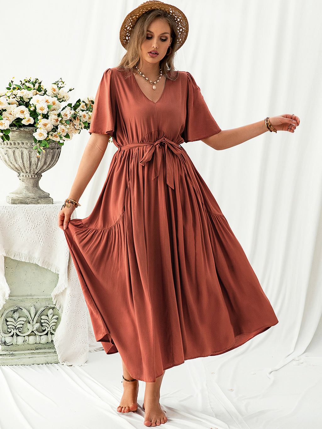 Plus Size V-Neck Flutter Sleeve Midi Dress - Siennasass