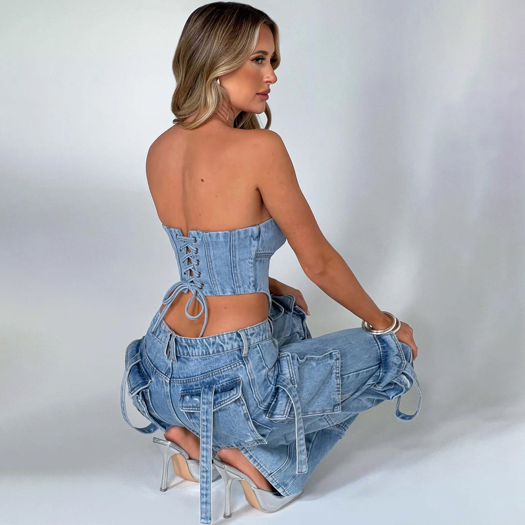 Low Waist Tube Top And Pocket Stitching Jeans Pants
