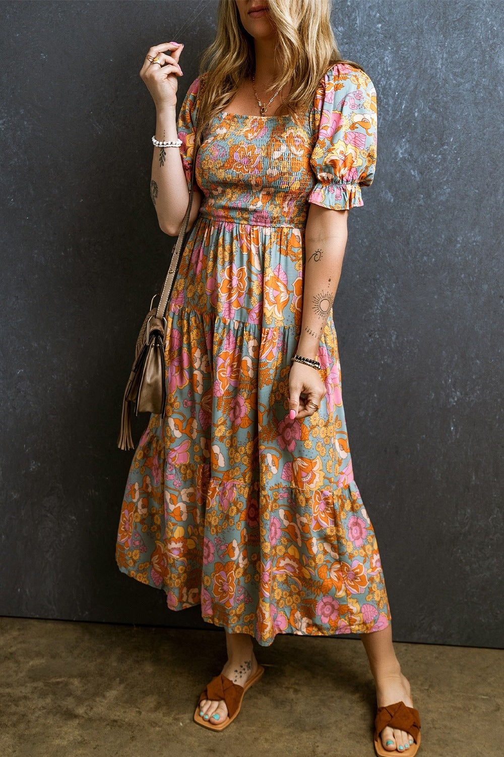 Smocked Printed Short Sleeve Dress - Siennasass