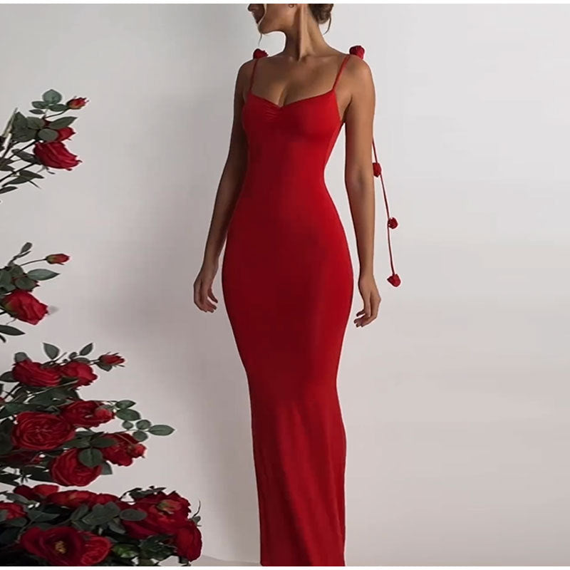 European And American Flowers Skinny V-neck Dress