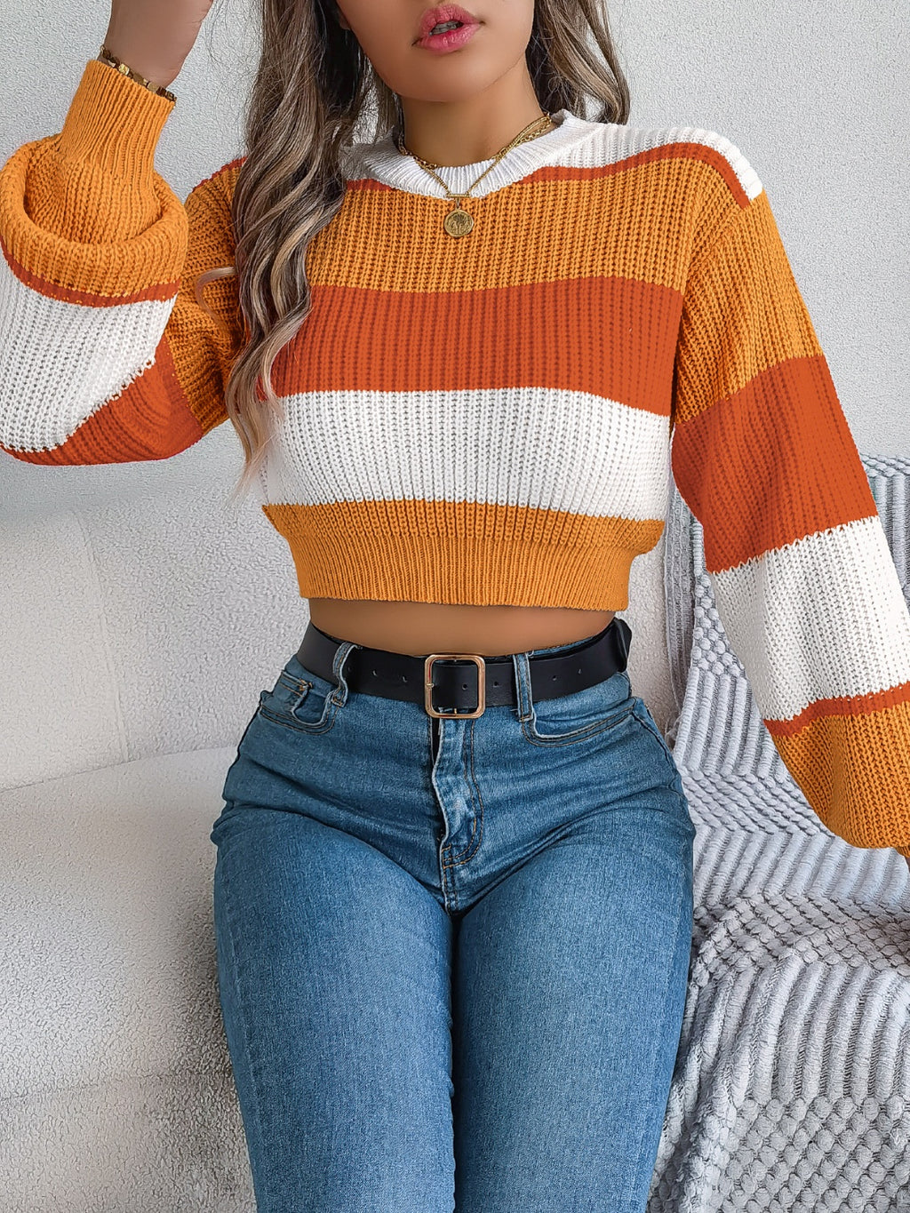 Color Block Round Neck Cropped Sweater - Siennasass