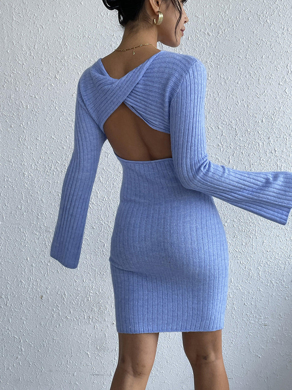 Backless Round Neck Long Sleeve Sweater Dress - Siennasass
