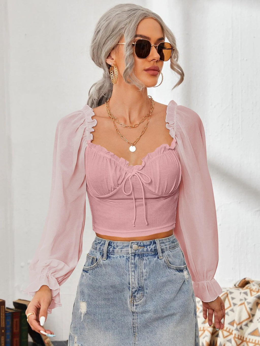 Mesh Sweetheart Neck Flounce Sleeve Top - Siennasass