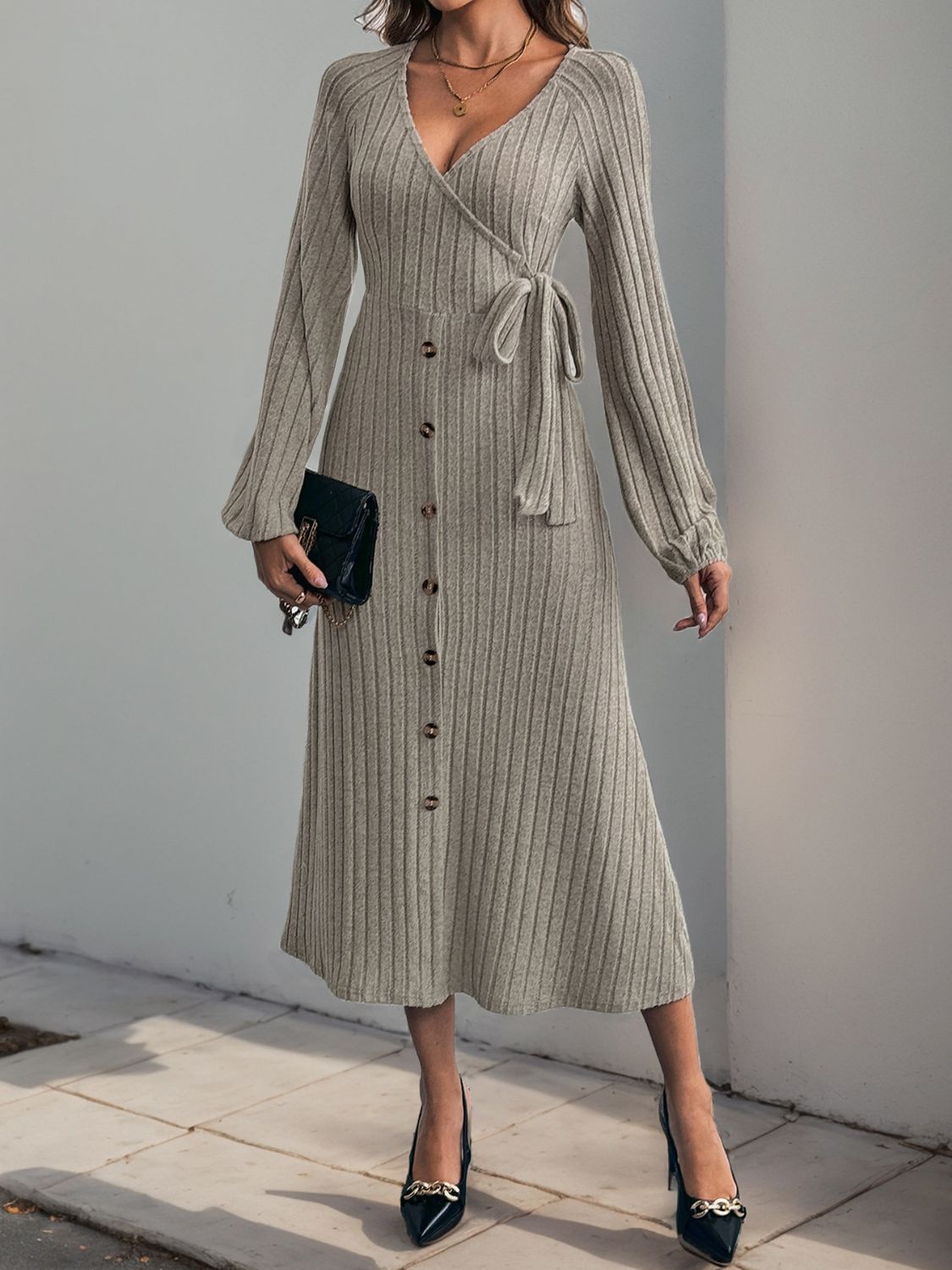 Perfee Ribbed Tied Surplice Long Sleeve Dress - Siennasass