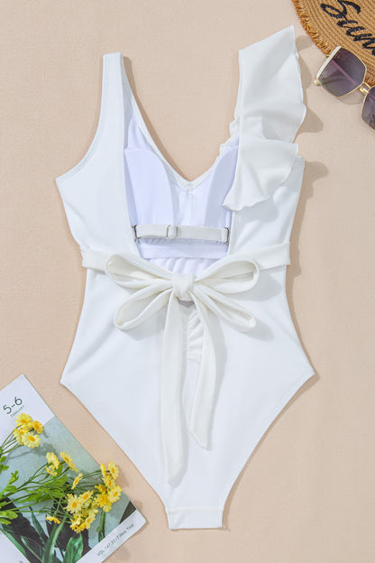 Ruffled V-Neck Wide Strap One-Piece Swimwear - Siennasass
