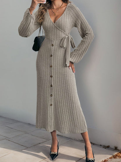 Perfee Ribbed Tied Surplice Long Sleeve Dress - Siennasass