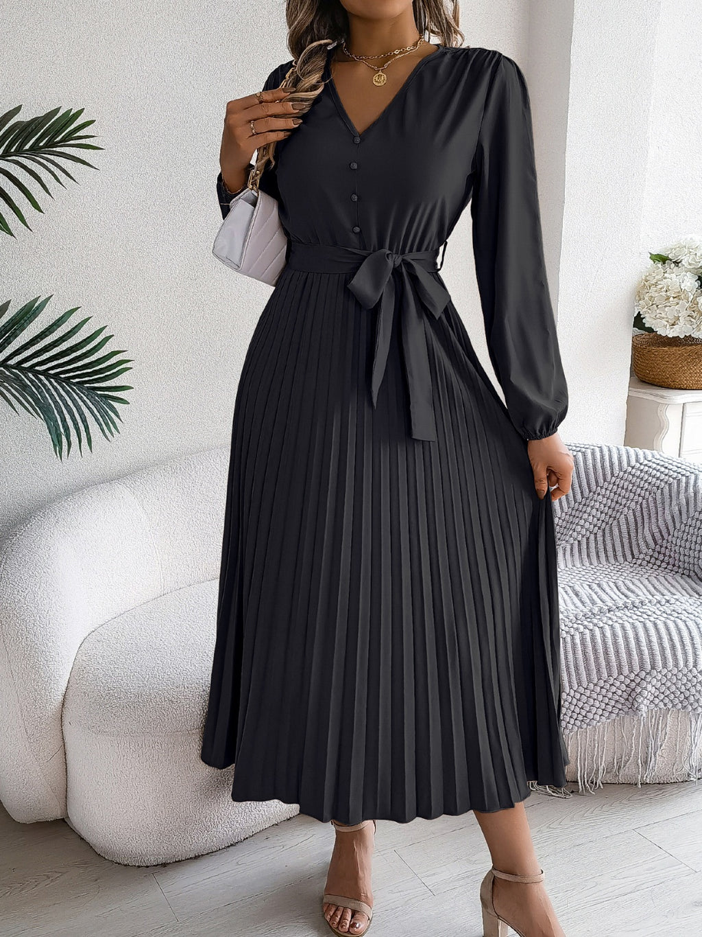 Pleated Tied V-Neck Long Sleeve Dress - Siennasass