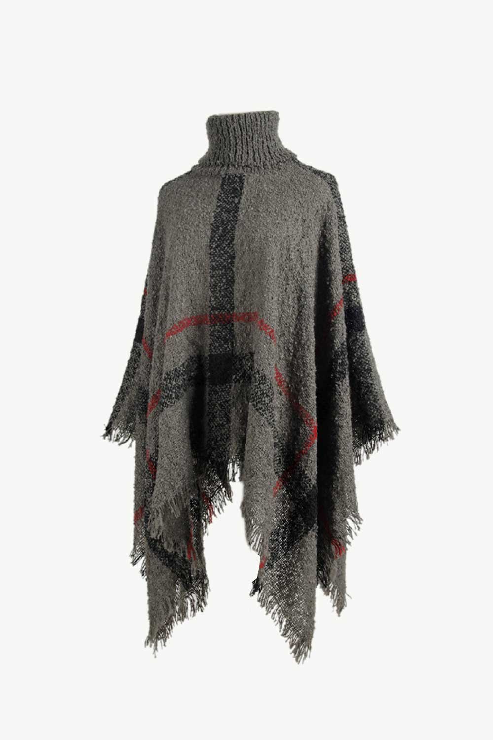 Plaid Turtleneck Raw Hem Poncho - Siennasass