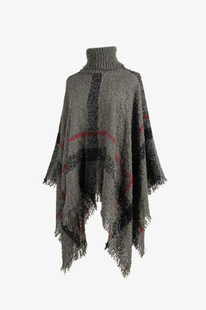 Plaid Turtleneck Raw Hem Poncho - Siennasass
