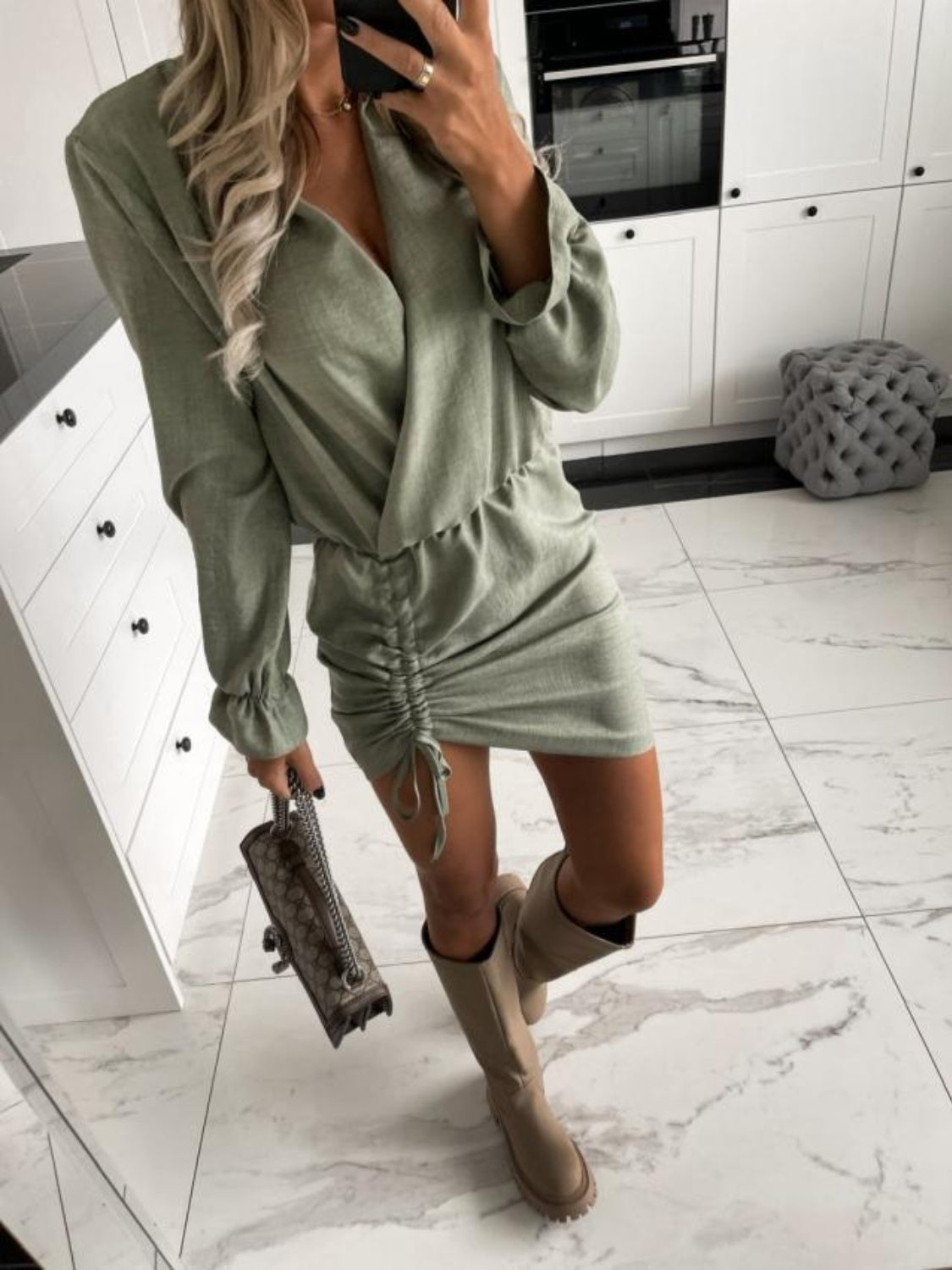 Drawstring Long Sleeve Mini Dress - Siennasass