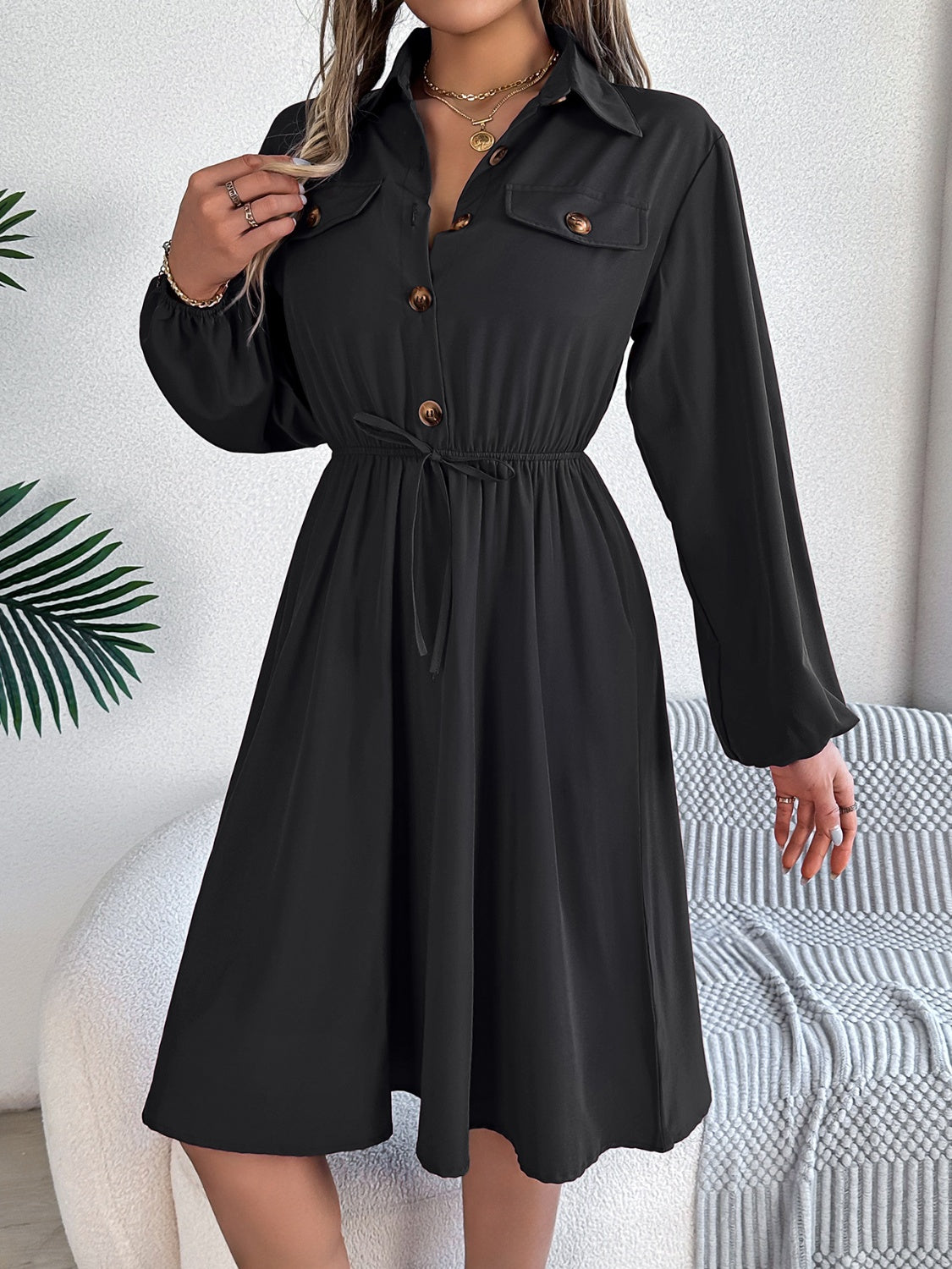 Collared Neck Long Sleeve Dress with Pockets - Siennasass