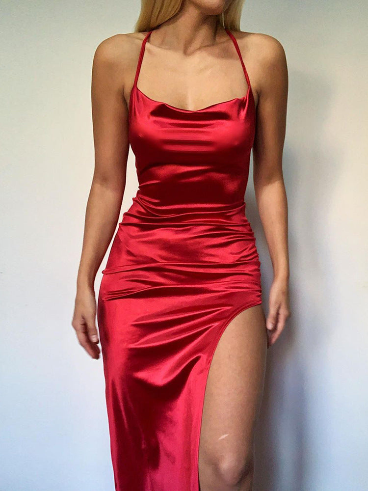 Pure Color Halter Backless Thin Strap Hip Bag Dress