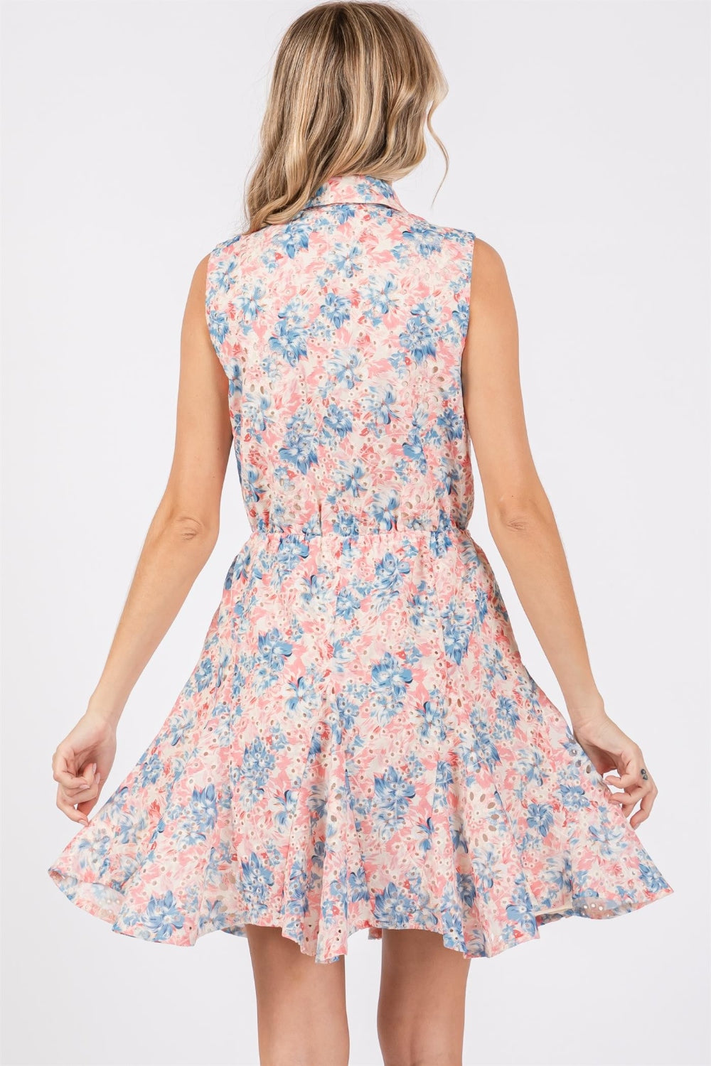 GeeGee Full Size Floral Eyelet Sleeveless Mini Dress - Siennasass
