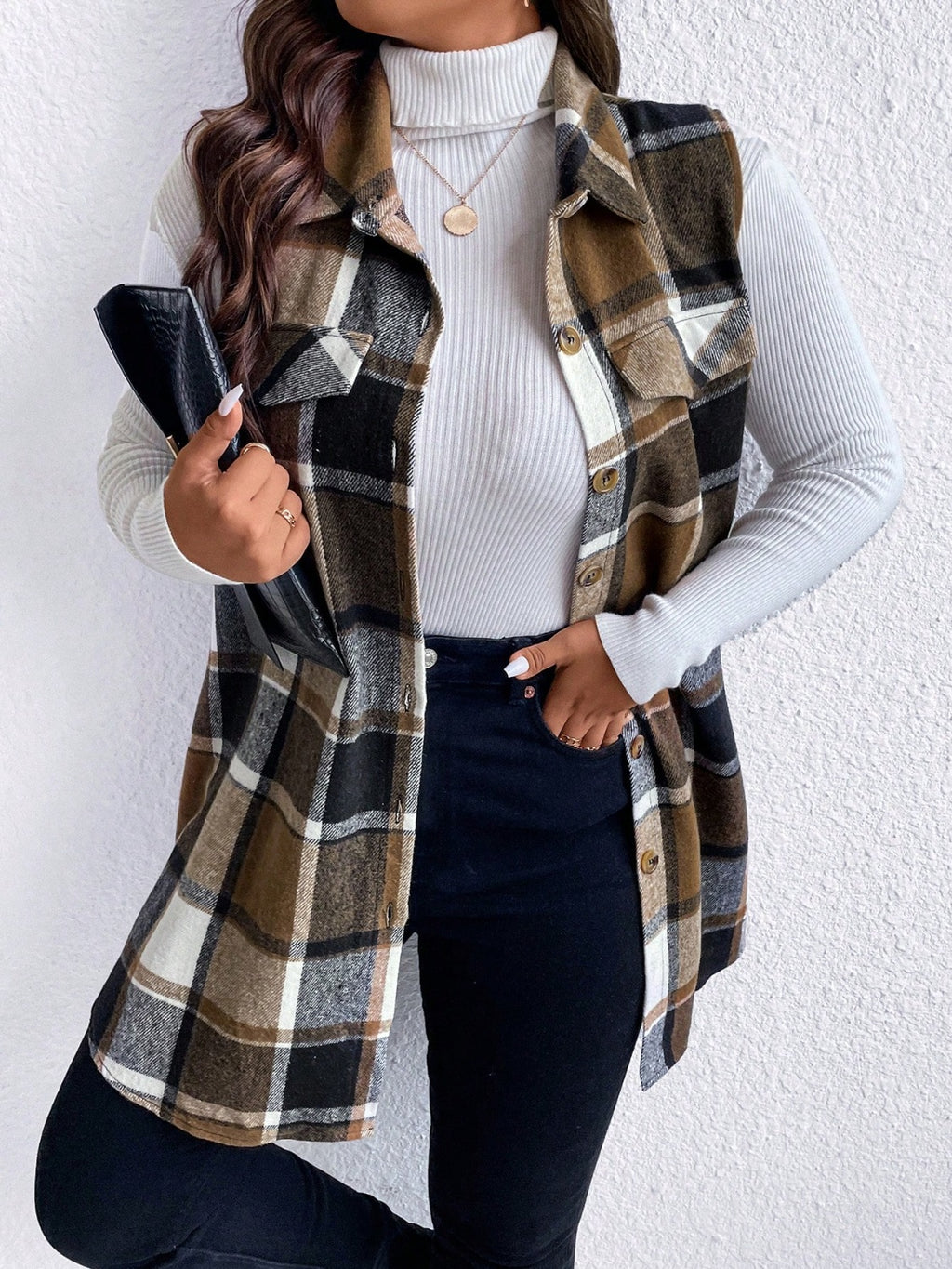 Honey Plus Size Pocketed Plaid Button Up Vest Coat - Siennasass