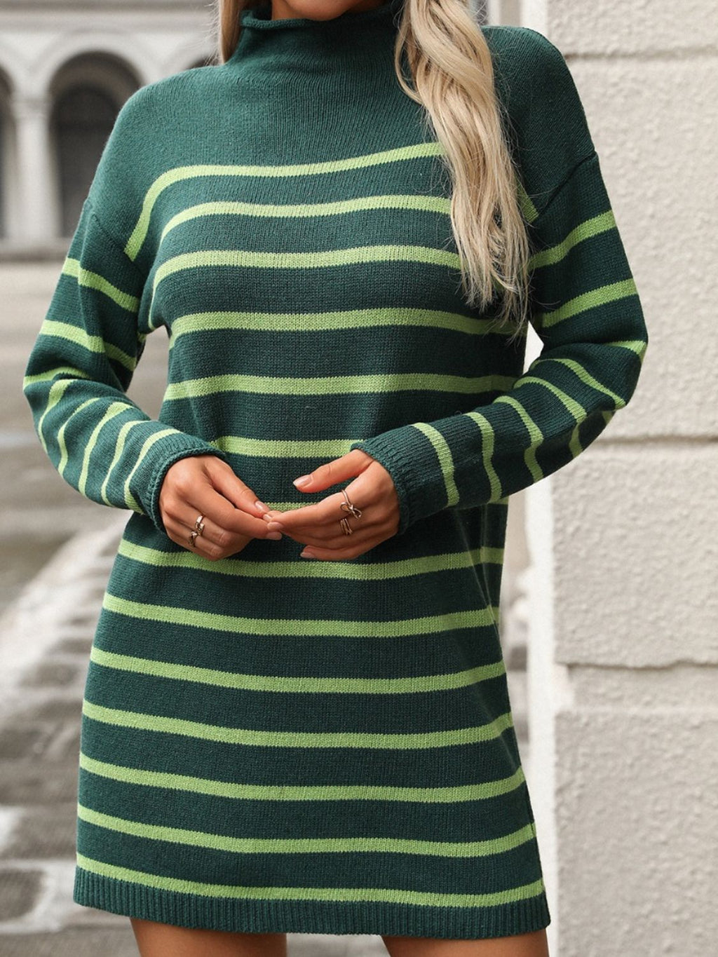 Striped Mock Neck Long Sleeve Mini Dress - Siennasass