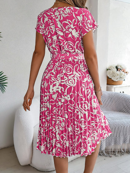 Tied Pleated Printed Short Sleeve Dress - Siennasass