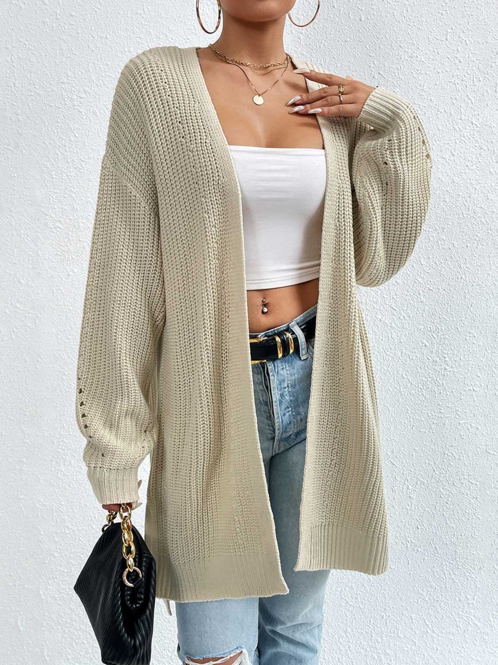 Open Front Dropped Shoulder Slit Cardigan - Siennasass