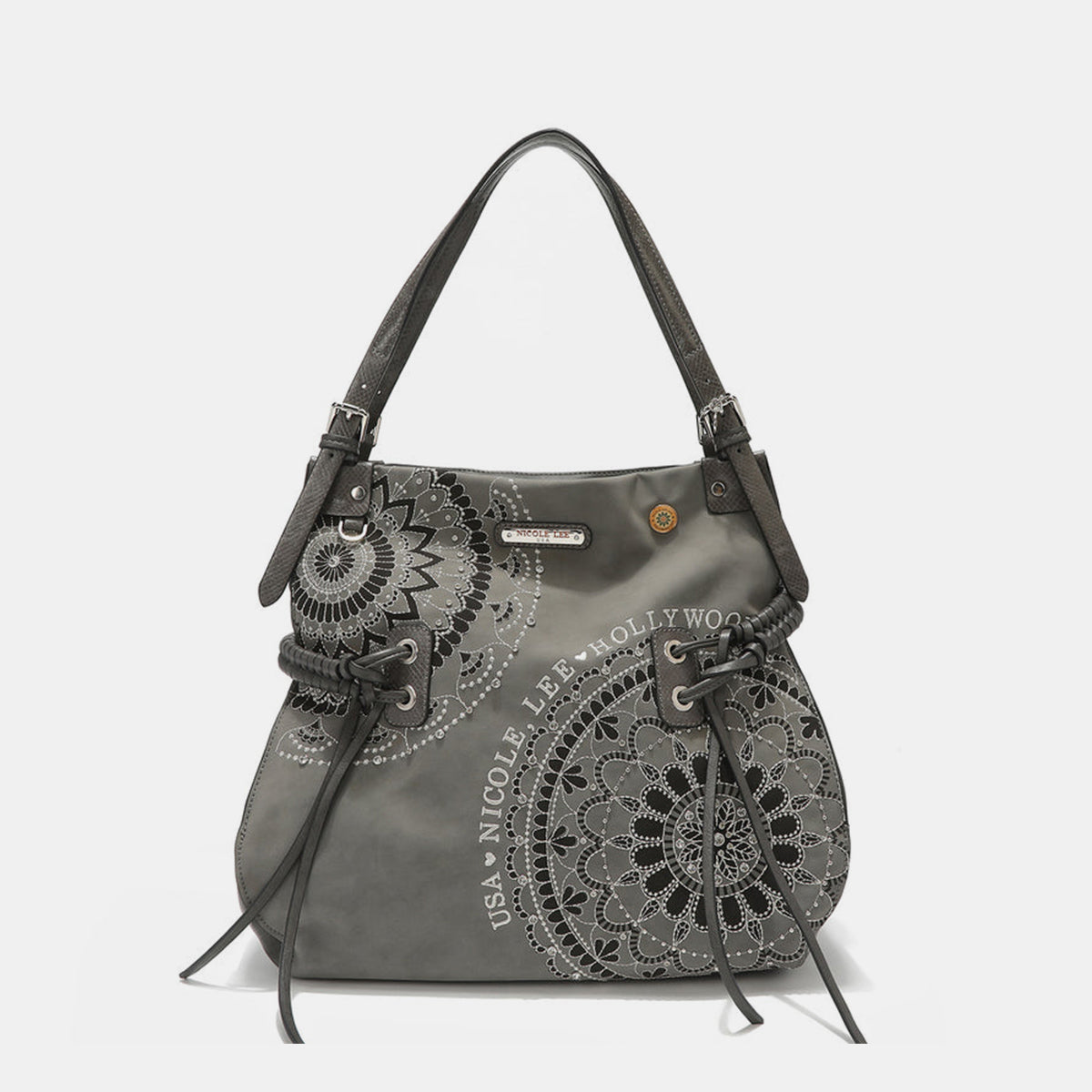 Nicole Lee USA Side Braided Tassel Inlaid Rhinestone Embroidery Hobo Bag - Siennasass