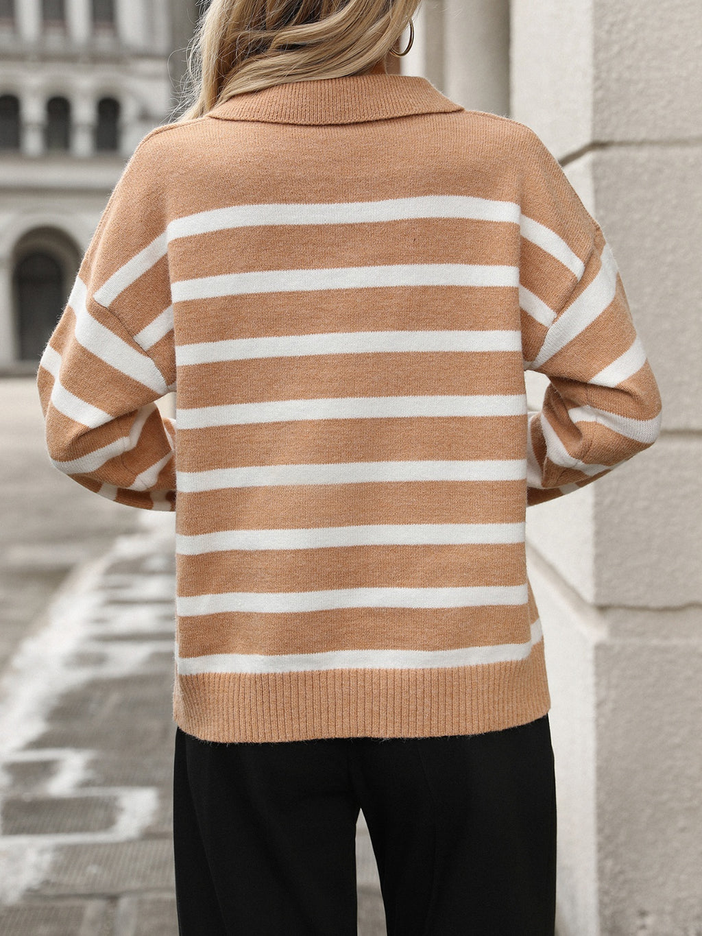 Striped Johnny Collar Long Sleeve Sweater - Siennasass