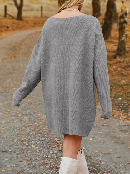 V-Neck Dropped Shoulder Sweater Dress - Siennasass
