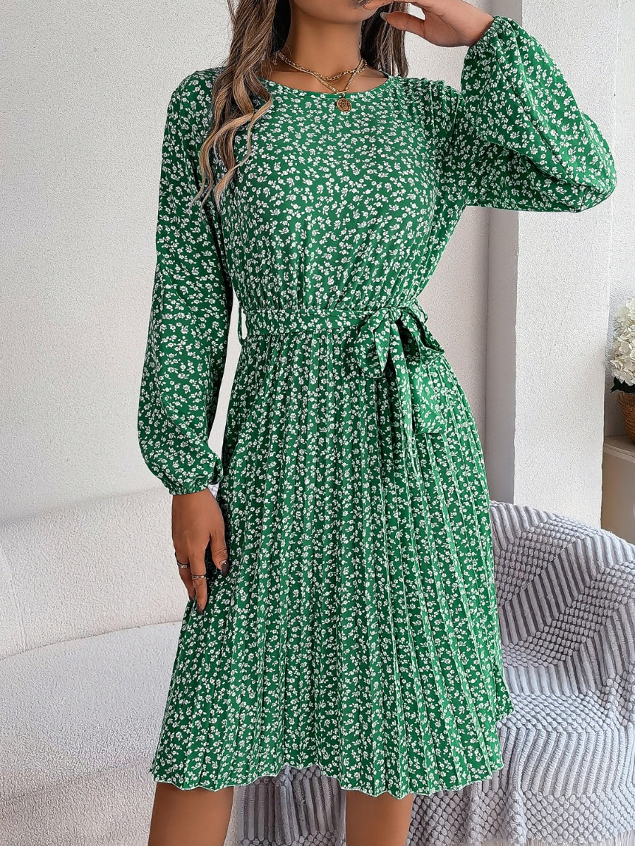 Ditsy Floral Tie Waist Pleated Dress - Siennasass