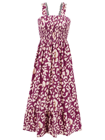 Smocked Printed Square Neck Sleeveless Dress - Siennasass
