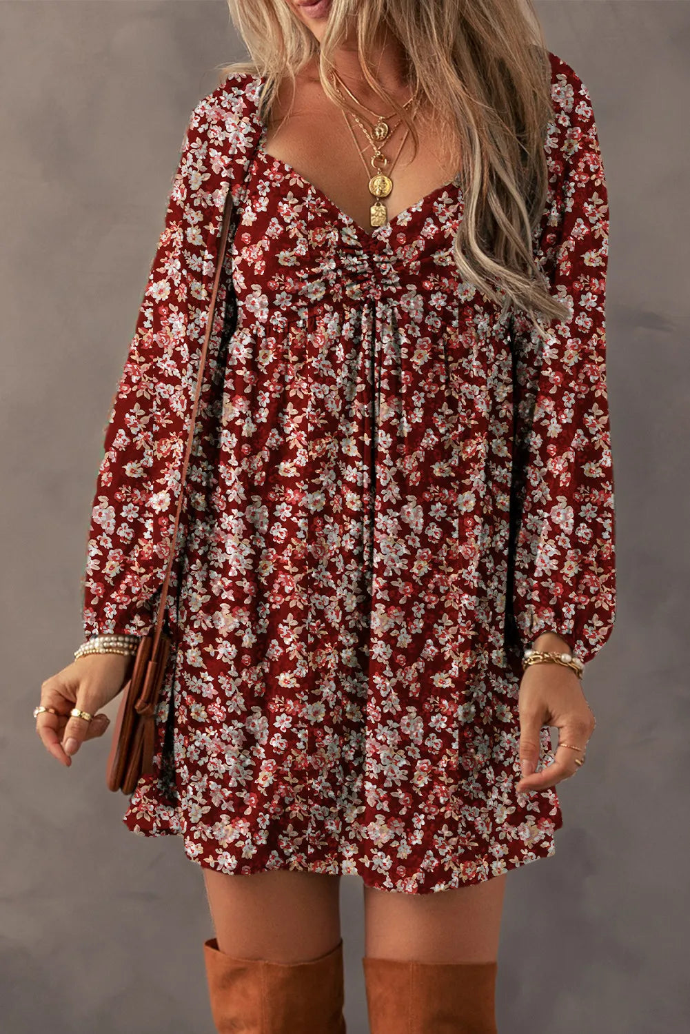 Ruched Printed Long Sleeve Mini Dress - Siennasass