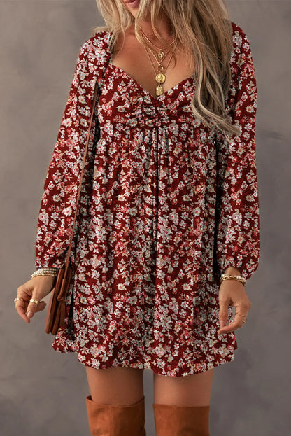Ruched Printed Long Sleeve Mini Dress - Siennasass