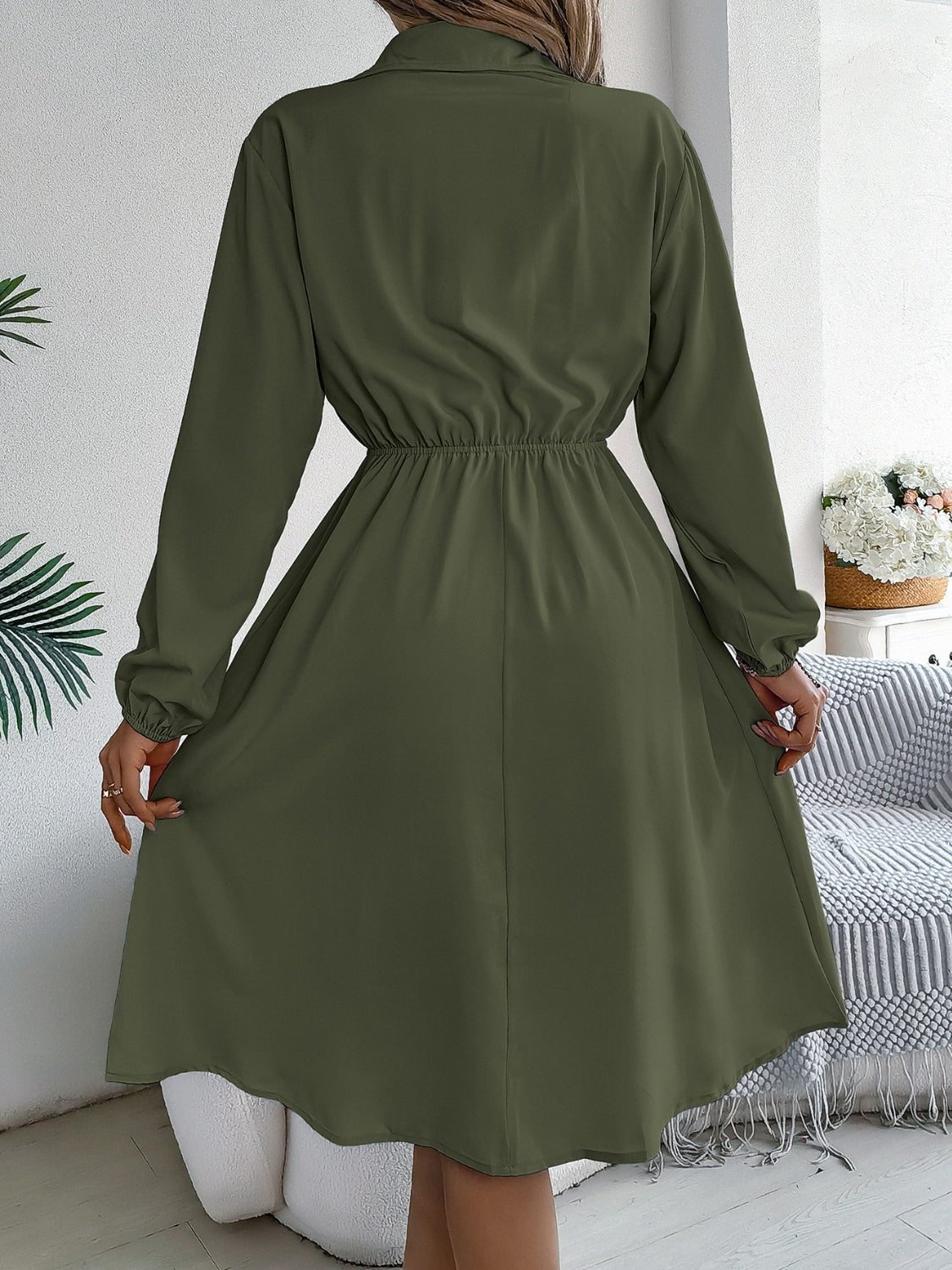 Collared Neck Long Sleeve Dress with Pockets - Siennasass