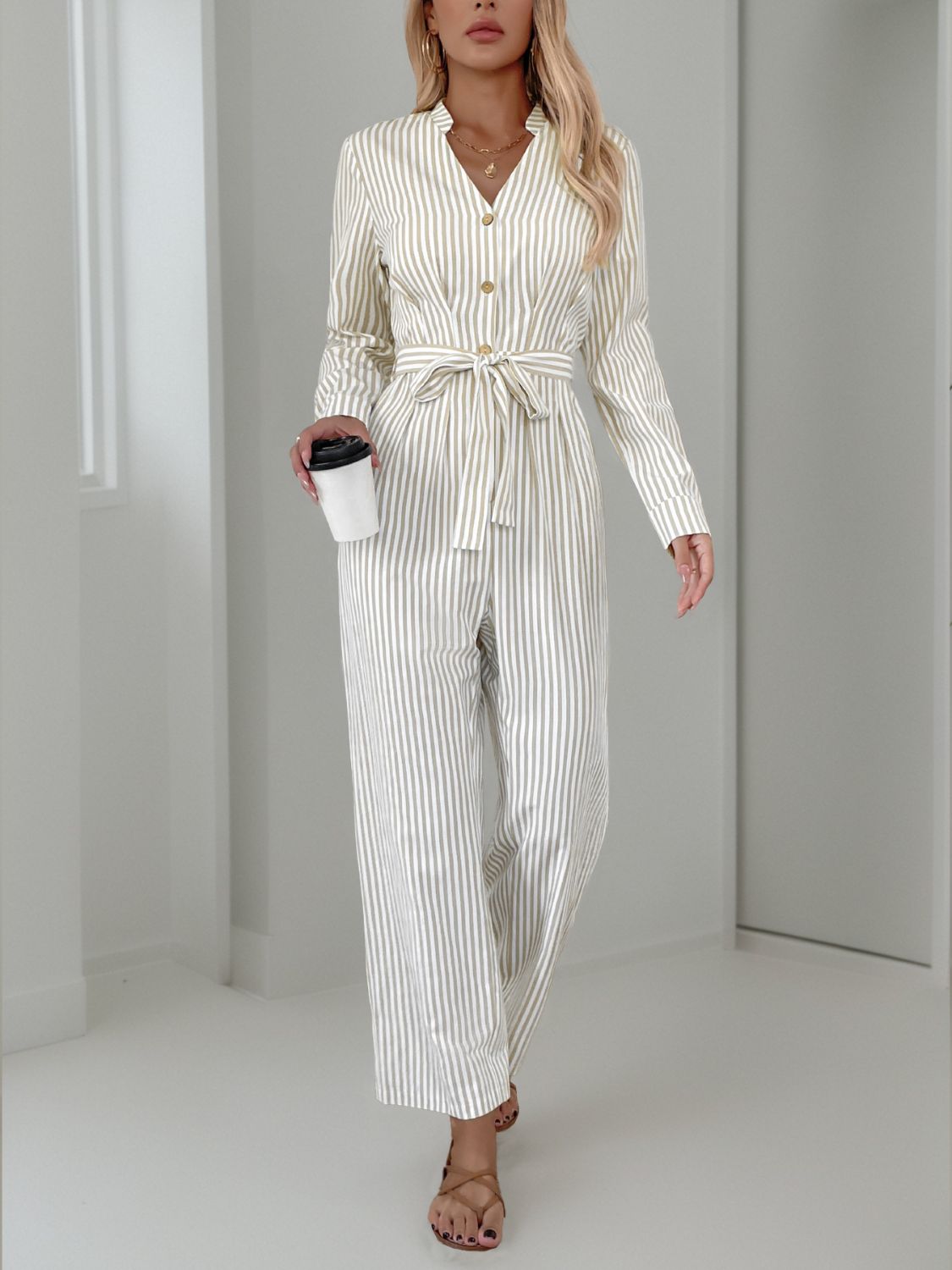 Striped Notched Long Sleeve Tie Waist Jumpsuit - Siennasass