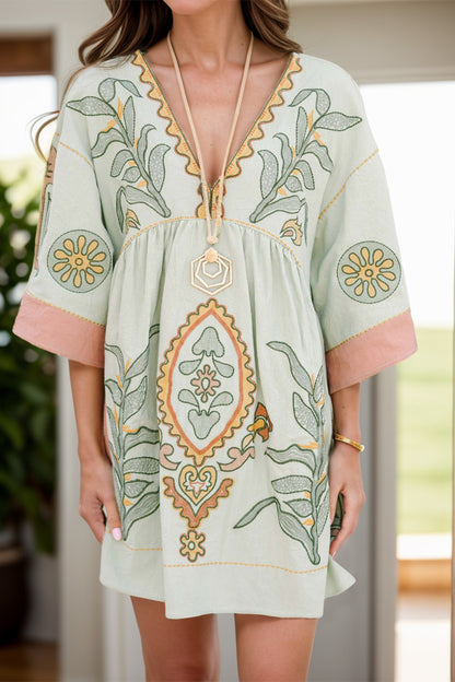 Printed V-Neck Three-Quarter Sleeve Mini Dress - Siennasass