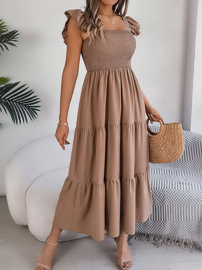 Smocked Square Neck Cap Sleeve Midi Dress - Siennasass