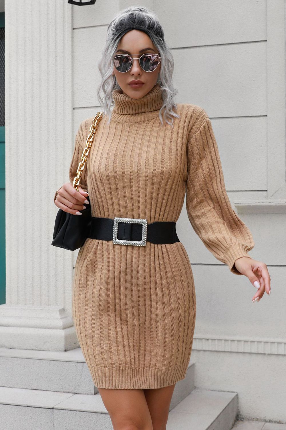 Ribbed Turtle Neck Long Sleeve Mini Sweater Dress - Siennasass