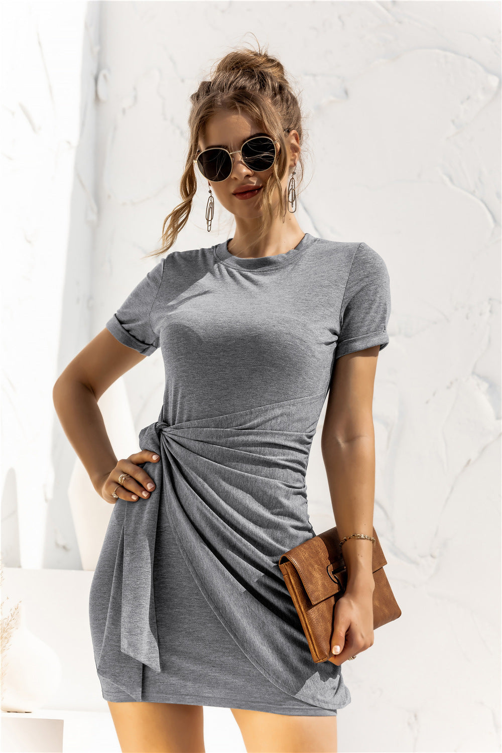 Round Neck Cuffed Sleeve Side Tie Dress - Siennasass