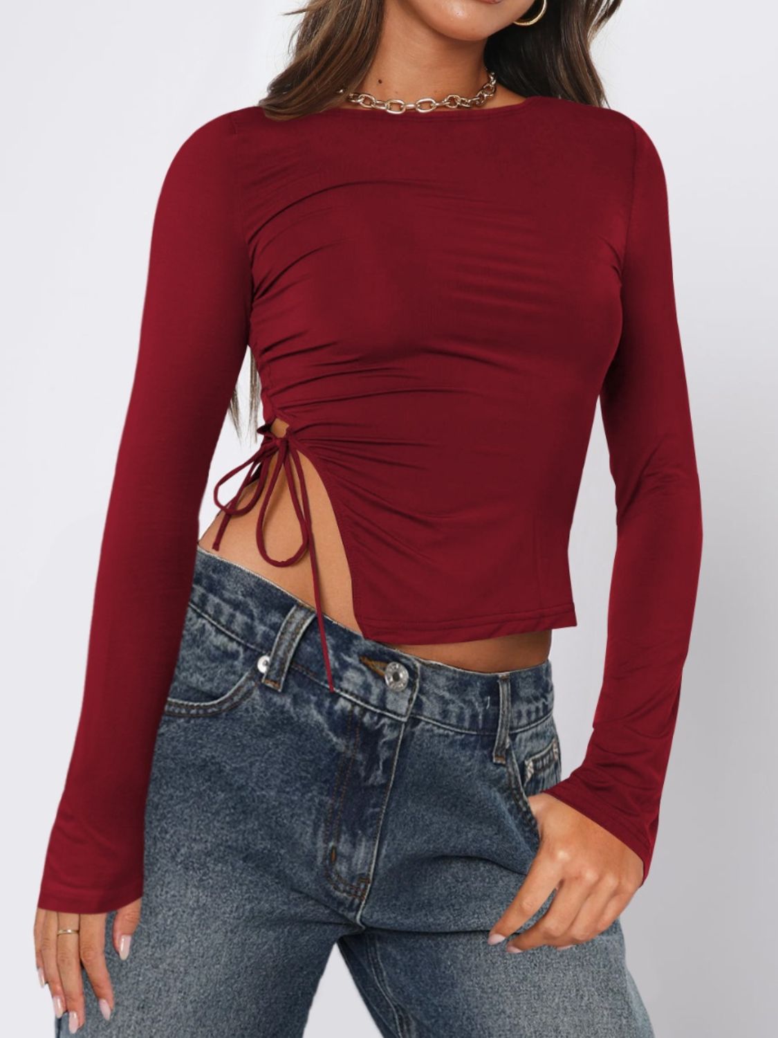 Tied Slit Round Neck Long Sleeve T-Shirt - Siennasass