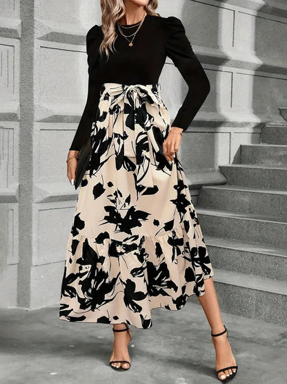 Bedrucktes Langarm-Midikleid mit Rundhalsausschnitt und Bindeband