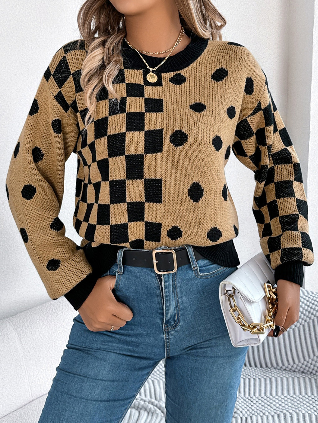 Plaid Round Neck Long Sleeve Sweater - Siennasass