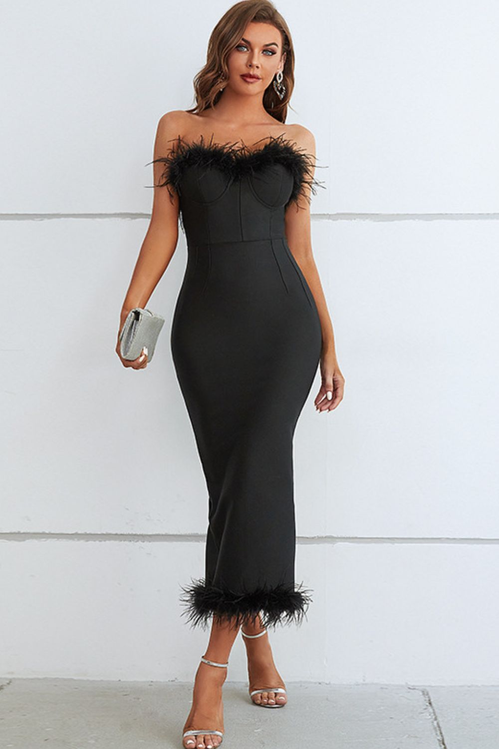 Feather Trim Strapless Sweetheart Neck Dress - Siennasass