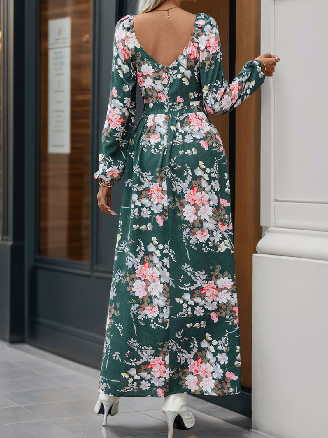 Slit Printed Surplice Long Sleeve Maxi Dress - Siennasass