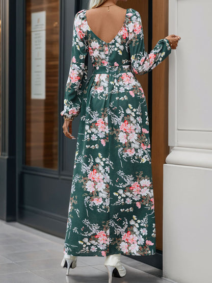Slit Printed Surplice Long Sleeve Maxi Dress - Siennasass