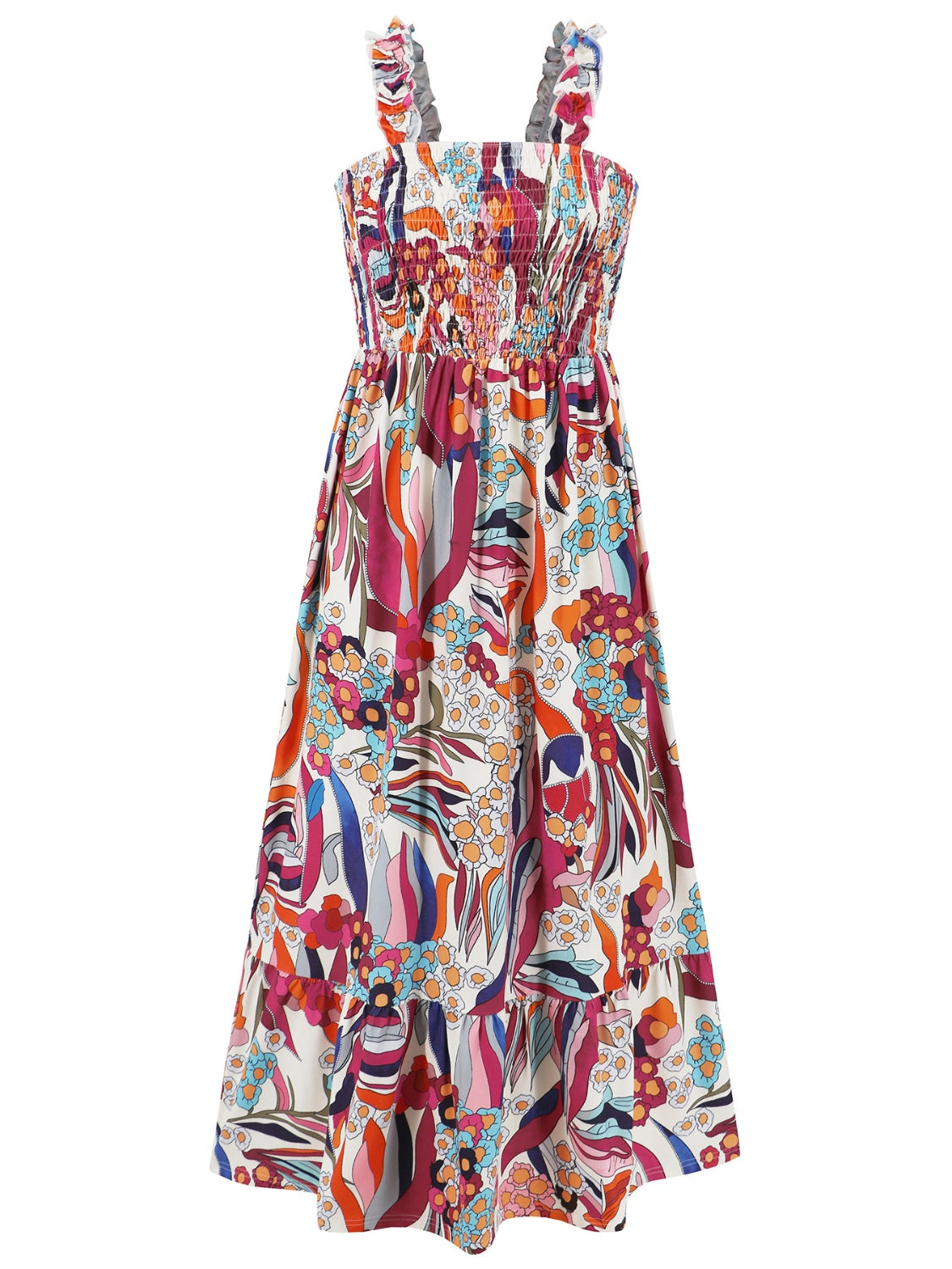Smocked Printed Square Neck Sleeveless Dress - Siennasass