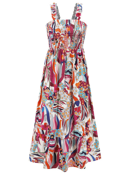 Smocked Printed Square Neck Sleeveless Dress - Siennasass